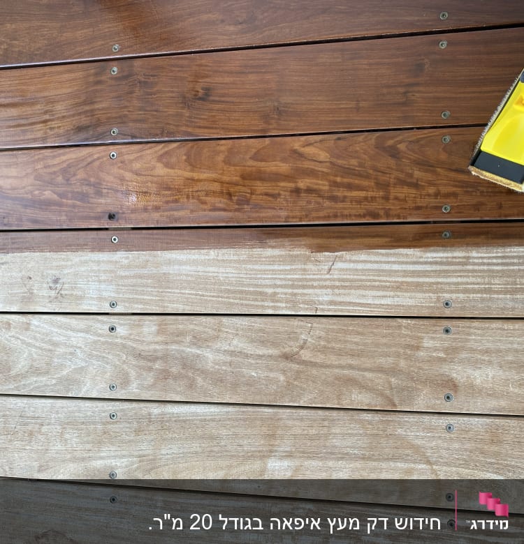 חידוש דק עץ עם כלי ניקוי צהוב